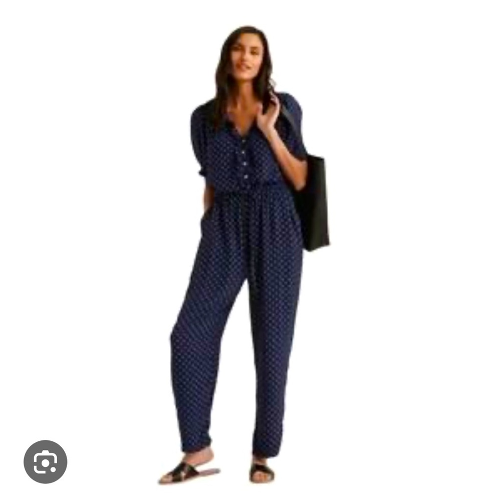 Lucky Brand Jumpsuit Navy White Dot Short Sleeve Drawstring Waist Ruffle Detail